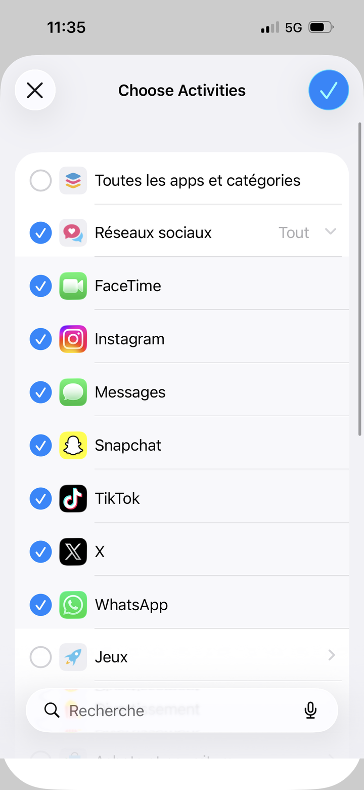 Application LYT — sélection des applications à bloquer